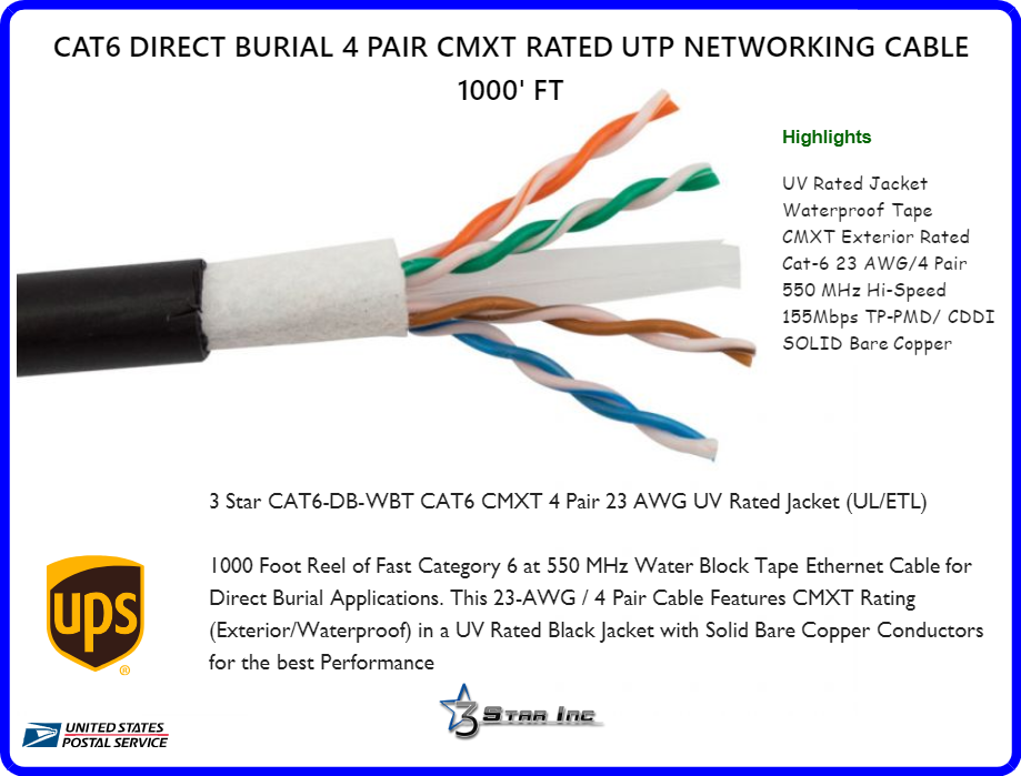CAT6 Direct Burial 4 pair CMXT Rated UTP Networking Cable 1000' Ft
